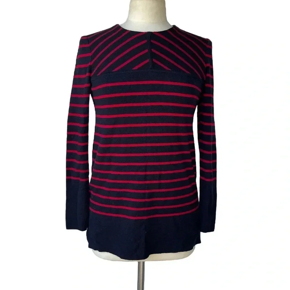 TORY BURCH Seraphina Tunic Sweater Navy Blue Red Striped Merino Wool Size S